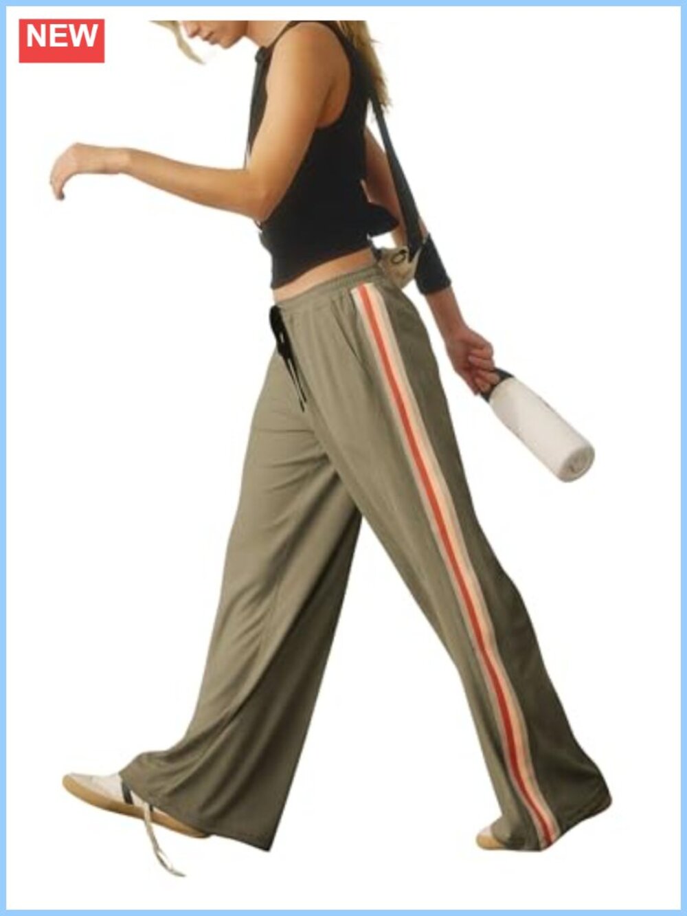 Wide Leg Palazzo Pants with Pockets Athletic Low Rise Drawstring Side Stripes